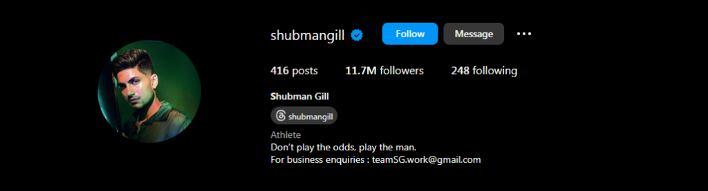 Shubman Gill Instagram Follower